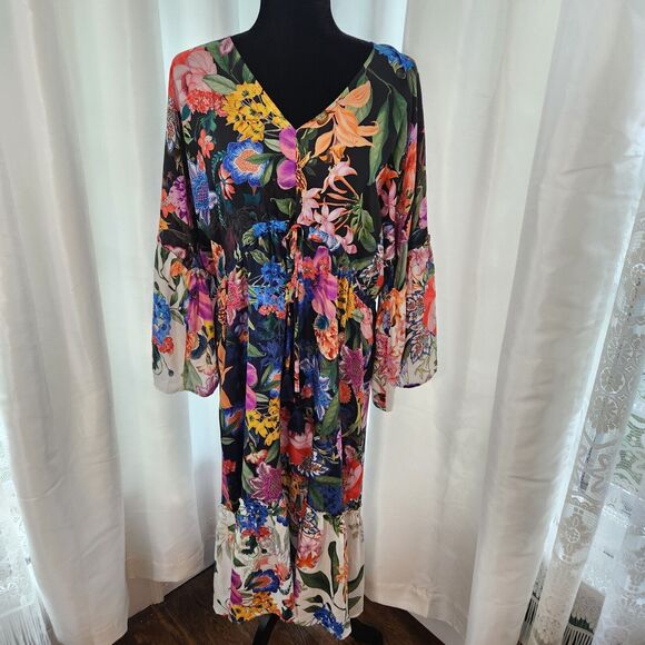 NEW Johnny Was Neon Jungle Mix Tier Dress Women S Silk Blend Tropical Boho Beach - Picture 1 of 13